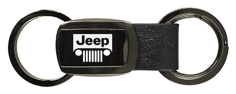 Jeep Grill Leather Tri-Ring Key Fob - Gun Metal