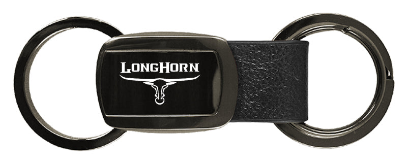 Ram Longhorn Skull Leather Tri-Ring Key Fob - Gun Metal