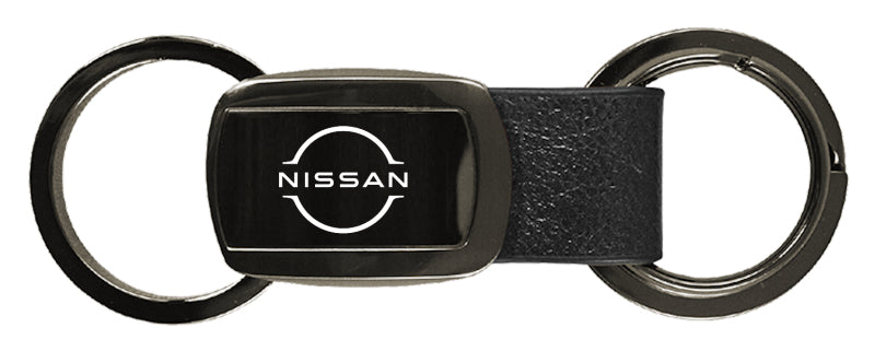 Nissan Logo Leather Tri-Ring Key Fob - Gun Metal