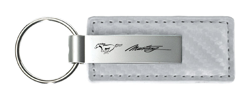 Mustang Script Carbon Fiber Leather Key Fob - White